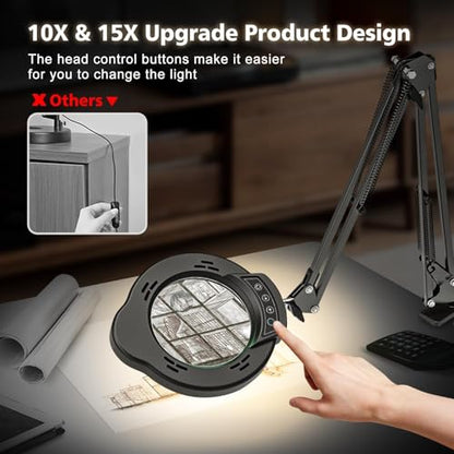 Magnifying Glass with Light and Clamp, 15X 10X Desk Magnifying Lamp, 84 LED Real Glass Lens Magnifier, 5 Color Modes Stepless Dimmable, Adjustable Hands Free Table Lamp for Repair Crafts Hobby Sewing
