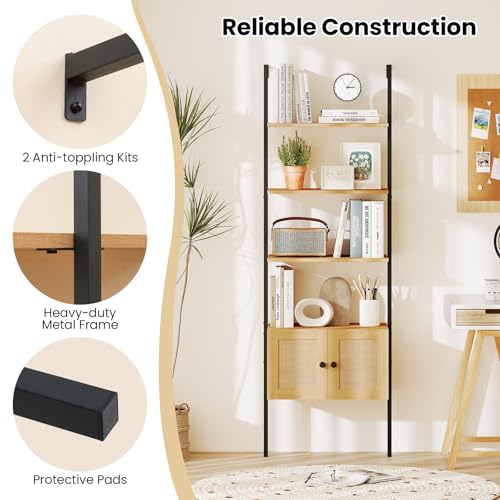 Giantex Ladder Bookshelf with Rattan Cabinet, 5-Tier Tall Wall-Mounted Bookcase with Metal Frame, 72.5" Boho Open Display Shelf Storage Organizer for Living Room, Study, Home Office, Natural