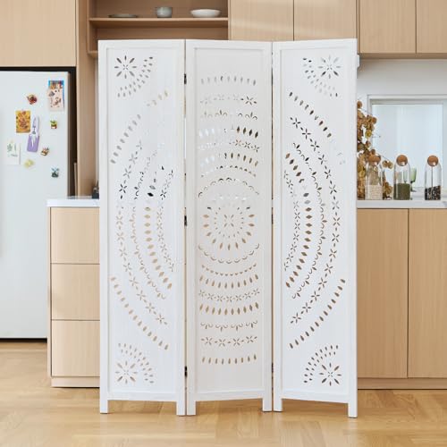 66.9Inch Folding Room Divider, 3 Panels Wood Carved Privacy Screens, Free Assembled Freestanding Partition for Home Office Restaurant Bedroom (White-Washed) - color: White-washed, size: 3 Panels