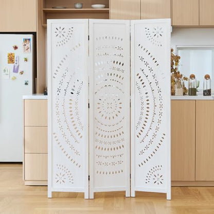 66.9Inch Folding Room Divider, 3 Panels Wood Carved Privacy Screens, Free Assembled Freestanding Partition for Home Office Restaurant Bedroom (White-Washed) - color: White-washed, size: 3 Panels