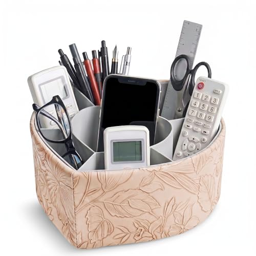 Heart Shaped Leather Art Supply Organizer,Remote Control Holder,360 Degree Spinning,Multi-Functional Pencil Holder,7 Compartments Desktop Stationary Organizer(1-Heart Pink) - color: 1-6Heart Pink, size: 360 Degree Rotation