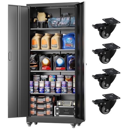 Greenvelly 73" Storage Cabinet with Wheels, Rolling Metal Cabinet with Locking Doors and Adjustable Shelves, Steel Tool Cabinet for Home Office, Garage, Warehouse, Black(32" W x 16" D) - color: Black, size: Rolling 73"