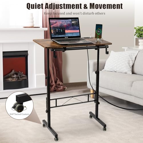 Hadulcet Small Standing Desk Height Adjustable with Tiltable Tabletop - color: Rustic Brown, size: 31.5" with Charging