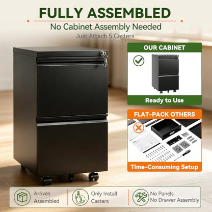 SAWJEC 2 Drawer Rolling File Cabinet Fully Assembled, Black - color: 01b-black