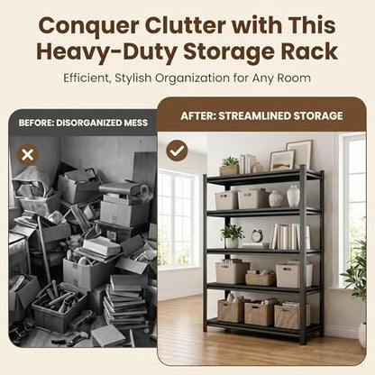 5 Tier Metal Book Shelf, Adjustable Tall Bookcase with Anti-Drop Fence | 72"H Heavy Duty 3000LBS Modern Deep Bookshelf, Bolt-Free Storage Shelves for Living Room, Home Office, Garage - size: Upgraded-36"W x 16"D x 72"H