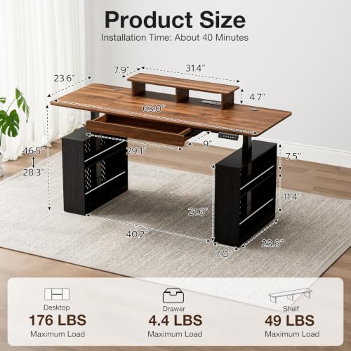 63x24 Inch Electric Standing Desk with Drawer & Power Outlet, Ergonomic Sit Stand Desk with LED Lights, Open Storage Spaces, Monitor Stand, Height Adjustable 28.3-47.2 Inches for Home & Office, Walnut - color: Walnut, size: 63x24Inch