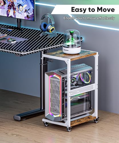 Computer Tower Stand, 2-Tier Metal CPU Holder Stand with Lockable Wheels, Adjustable Under Desk PC Shelf, Mobile Rolling Computer Cart for Home, Office, Gamers and Students, White - color: White