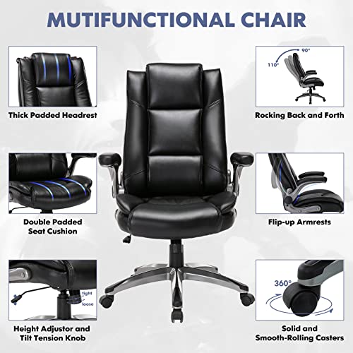 MALOL Leather Executive Office Chair - High Back Home Computer Desk Chair with Padded Flip-up Arms, Adjustable Tilt Lock, Swivel Rolling Ergonomic Chair for Adult Working Study, Black - color: Black