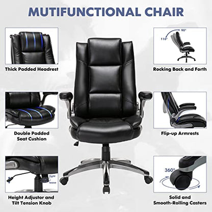 MALOL Leather Executive Office Chair - High Back Home Computer Desk Chair with Padded Flip-up Arms, Adjustable Tilt Lock, Swivel Rolling Ergonomic Chair for Adult Working Study, Black - color: Black