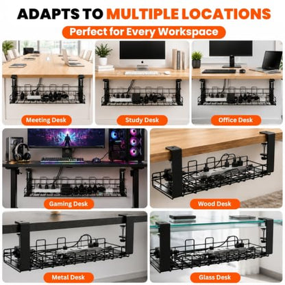 Under Desk Cable Management Tray 2 Pack, No Drill Metal Cord Organizer Box with Clamp Mount, Wire Management Rack for Standing Desk, Home Office & Gaming PC Setup, Black, 12.9 x 4.9 in