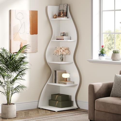 Tribesigns Wavy Corner Shelf, Modern 5-Tier Bookshelf Bookcase with Curvy Shape, Unique Plant Stand Display Rack for Living Room Small Space (White) - color: White