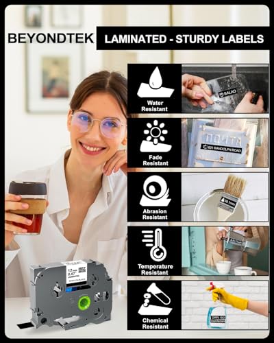 Tze-335 Work for Brother P Touch 1/2" 12mm White on Black Label Maker Tape | Suitable for Household, Office, Studio, Commercial, School, Hospital use（Laminated Design Water-Resistant,Abrasion-Resistant） - color: White on Black