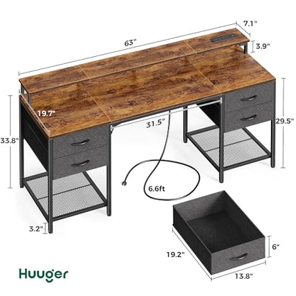 Huuger 63 inch Computer Desk with Power Outlets & 4 Drawers - color: Rustic Brown, size: 63 Inch