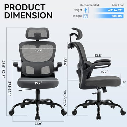 AreShark Ergonomic Office Chair, Desk Chair with Adjustable Lumbar Support | High Back Breathable Mesh Computer Chair with Adjustable Headrest,Hanger,Flip Up Armrest and Rocking Function for Home Office - color: Dark Gray