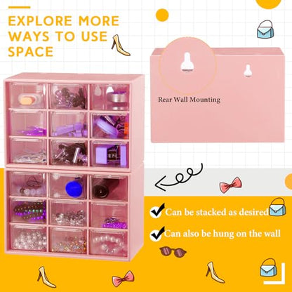 Wenqik 2 Pcs Mini Storage Drawers with 9 Clear Drawers,Pink - color: Pink