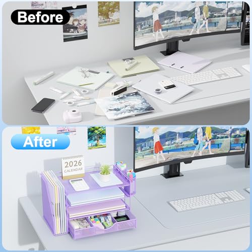 gianotter Desk Organizers and Accessories with File Holder, 4-Tier Desk Accessories & Workspace Organizers with Drawer and 2 Pen Holder, Paper Organizer for Office Supplies (Purple) - color: Light Purple, size: 4T