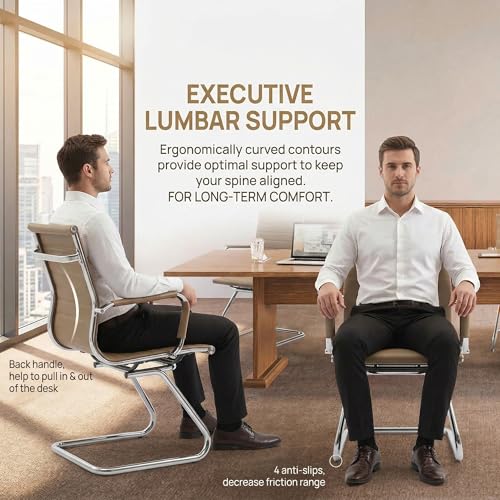 Office Desk Chair No Wheels Set of 4 PU Leather Computer Chairs Mid Back Guest Chairs for School Reception Conference Waiting Room, Light Brown - color: Light Brown, size: 4PCS