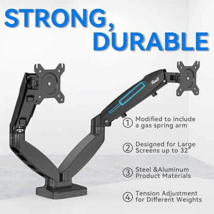 Rosewill Dual Monitor Mount, 15 to 32 Inch, 4.4 to 19.8lbs per Screen, Adjustable Gas Spring Monitor Arm with Cable Management, Clamp & Grommet Base