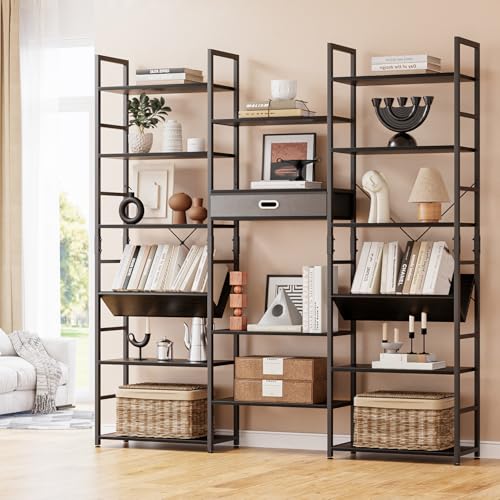 NUMENN Triple Wide 6 Tier Bookshelf with Drawer & Open Shelves, Black | Metal Frame & Wood Shelves, Adjustable Bookcases and Bookshelves with Supporting Bars for Living Room, Bedroom, Home Office - color: Vintage, size: 4 Tier(Regular)