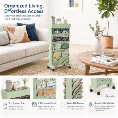 5-Tier Rolling Bookshelf Cart with Wheels, Green - color: Green, size: 5-Tier 26"H