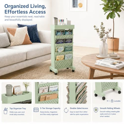 5-Tier Rolling Bookshelf Cart with Wheels, Green - color: Green, size: 5-Tier 26"H