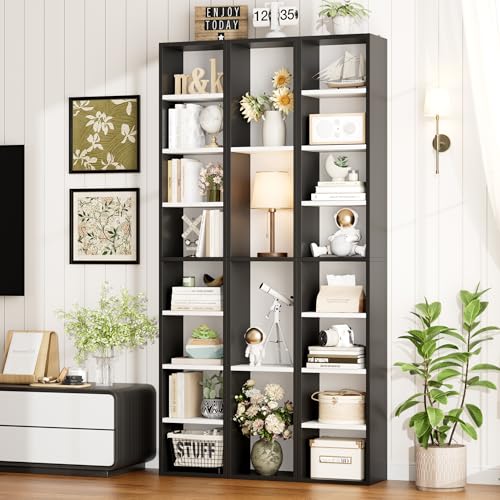 FOTOSOK Bookshelf Bookcase 8-Tier Narrow Bookshelf Tall CD Media Tower Rack | 11.6 X 9.3 X 70.9 Bookshelf, Tall Narrow Slim Skinny Display Bookcase with Cube Storage and 4 Adjustable Shelves, Black/White - color: White/Black
