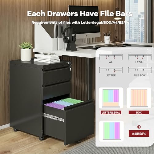 Bonusall 【Fully Assembled 3 Drawer File Cabinet with Lock, Small Under Desk Filing Cabinet for Home Office, Fully Assembled Metal Rolling Storage Fits A4/Letter/Legal, Black