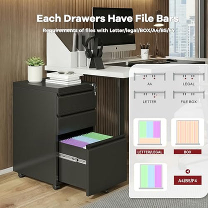 Bonusall 【Fully Assembled 3 Drawer File Cabinet with Lock, Small Under Desk Filing Cabinet for Home Office, Fully Assembled Metal Rolling Storage Fits A4/Letter/Legal, Black