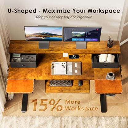 OffiGo 55 Inch U Shape Standing Desk, Keyboard Tray & Drawers, Rustic Brown - color: Rustic Brown With Drawers, size: 55 Inch