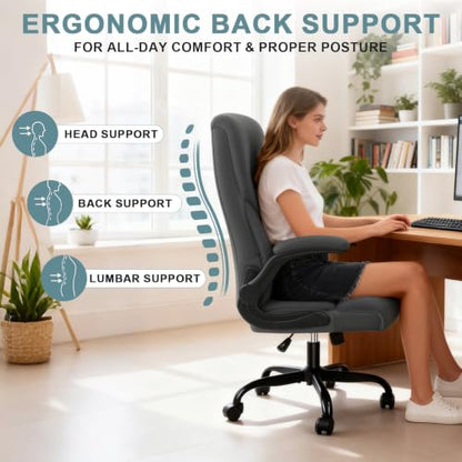 Executive Office Chair,High Back Ergonomic Comfy Desk Chair with Padded Flip-up Armrests and Wheels,PU Leather Heavy Duty Computer Swivel Rolling Task Chair for Home Office,Adults,Gray - color: Grey