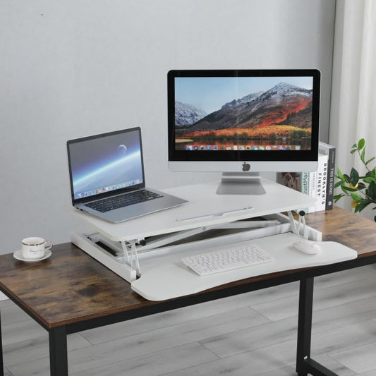 32 Inch Desk Converter, Height Adjustable Sit to Stand Riser, Dual Monitor and Laptop Workstation with Wide Keyboard Tray, Standing Computer Desk (White) - color: White