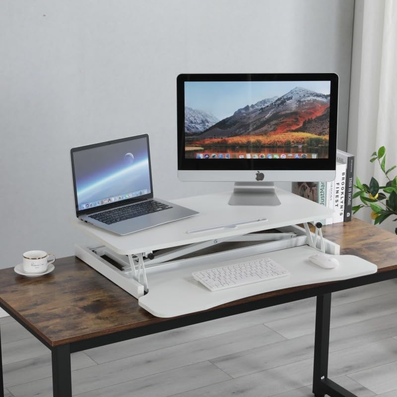 32 Inch Adjustable Standing Desk Standing Desk Converter, Stand Up Desk Riser Dual Monitor Sit Stand Desk with Wide Keyboard Tray for Table Home Office (White)