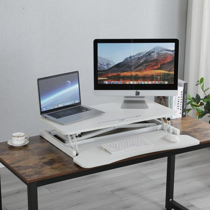 32 Inch Adjustable Standing Desk Standing Desk Converter, Stand Up Desk Riser Dual Monitor Sit Stand Desk with Wide Keyboard Tray for Table Home Office (White)