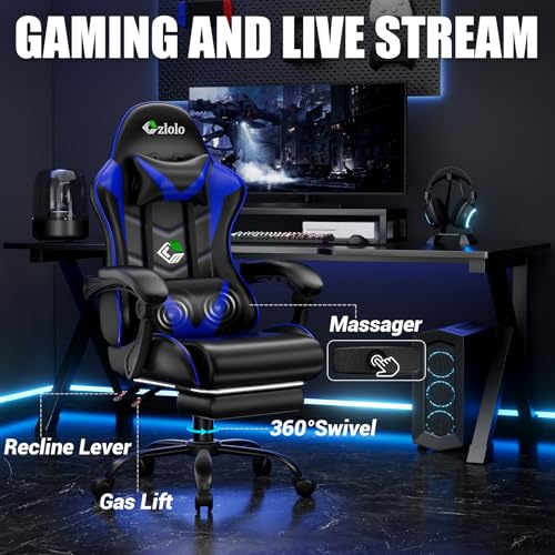 Czlolo Gaming Chair with Footrest Racing Style Lumbar Support Massager Video Game Chair with Metal Legs, High Back Reclining Gamer Chair with Headrest, 360° Swivel Office Computer Desk Chair (Blue) - color: Blue