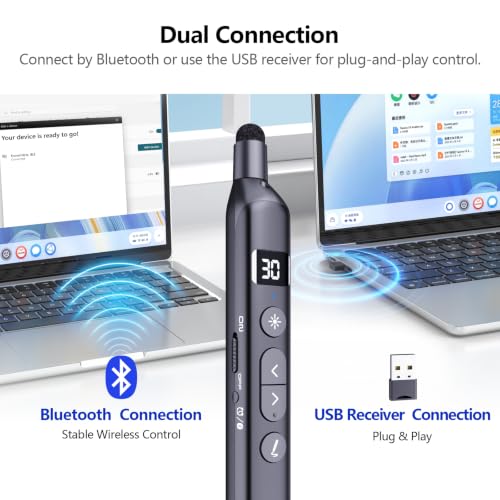 N21 Bluetooth Presentation Clicker for PowerPoint with Retractable Pointer | ①Laser Pointer②Telescopic touch pen③Countdown timer, vibration alert ④Customizable Button ⑤Rechargeable;battery level display - color: Black - Green Pointer