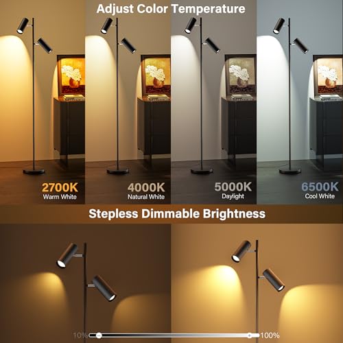 SIBRILLE Spotlight Floor Lamp, Tall LED Standing Lamp with Remote/Touch Control, 2700K-6500K, 350°Rotating Head Standing Lamp, Reading Floor Lamp for Living Room, Bedroom, Office & Wall Art, Dual Head - style: Dual-Tube