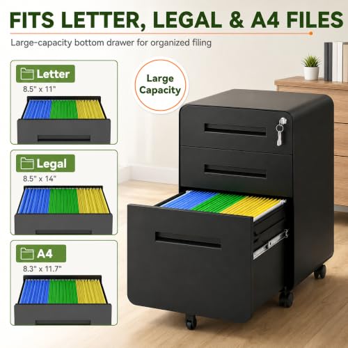 SAWJEC 3 Drawer File Cabinet with Lock, Fully Assembled Mobile Cabinet - color: 02l-black