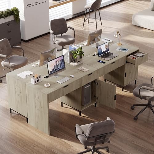 47" Home Office Desk with Fluted Drawers, Wood Exectuive Desk with Storage Cabinet, Charging Station, Metal Legs Modern Farmhouse Computer Desk for Work, Study Light Oak - color: Light Oak