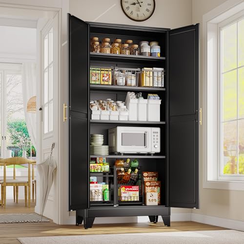 GAIOUS 71" Tall Metal Storage Cabinet with 2 Doors and 4 Adjustable Shelves, Kitchen Pantry Cabinet Black Freestanding Cupboard, 5 Tier Multifunctional Steel Storage for Office, Kitchen, Dining Room - color: Black, size: 14.33"D x 28.75"W x 70.87"H