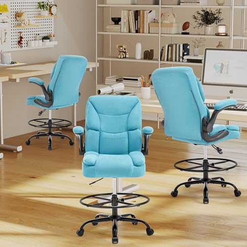 500LBS Drafting Chair, High Back Safer Standing Desk Chair, Executive Tall Office Chair with Flip-up Armrests, Upholstered Fabric Task Chair, Ergonomic Seat with Adjustable Height&Foot Ring, Blue - color: Blue