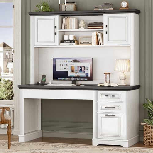 SEDETA Farmhouse Computer Desk with Hutch and 3 Drawers, 47.2" Executive Office Desk with Storage Drawers, Wood Desk with Power Outlet for Home Office, White - color: White, size: 47.2 inches