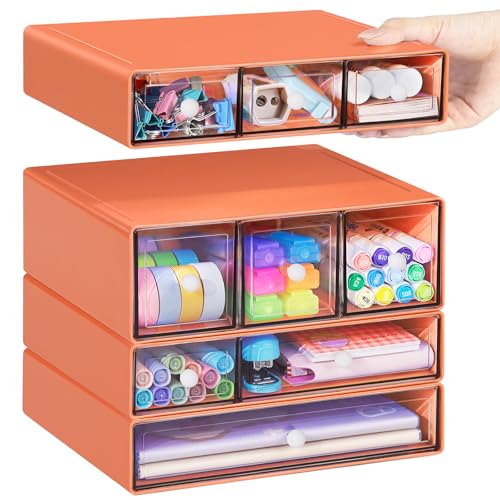Desk Storage Organizer with 9 Drawers, 4 Tiers Stackable Desktop Craft Storage Drawers, Clear Storage Box Caddy for Stationary Makeup Jewelry Office Craft Supplies (Orange) - color: Orange