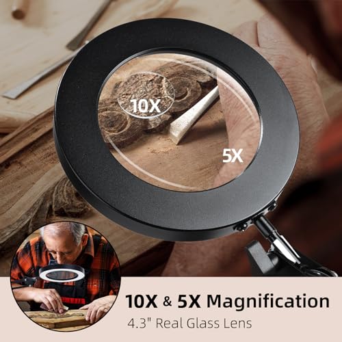 Magnifying Glass with Light and Stand, 3-in-1 Gooseneck Arms 3 Color Modes Stepless Dimmable, 10x&5X LED Desktop Magnifier with Light Hands Free for Workbench Reading Crafts Painting Hobby Close Work