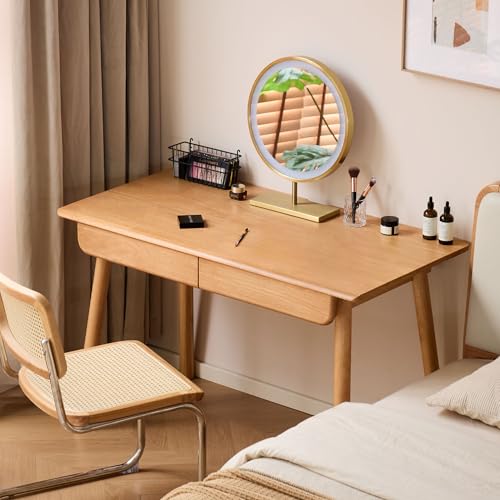 Solid Wood Desk, Mid Century Modern Home Office Desk, Computer Desk with Drawer for Writing Study Vanity 31.49" W - color: Natural-rubberwood, size: 31"W