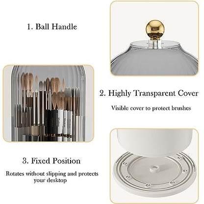 Makeup Brush Holder Organizer (Clear White Cap) | With Lid, 360° Rotating, Dustproof, For Vanity Desktop Bathroom Countertop - color: Clear White Cap