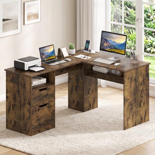 Tangkula 59" L-Shaped Executive Desk w/Power Outlets (Rustic Brown) - color: Rustic Brown