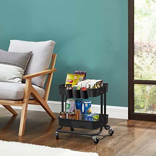 Melody House 2-Tier Utility Rolling Cart Storage Sofa Side Table with Wheels, Mobile Trolley Organizer with for Office Home Kitchen Organization, Black - color: A- Black-1