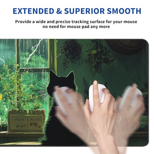 Green Black Cat Mouse Pad Abstract Green Mouse Pad 31.5x11.8 Inch Cat Texture Non-Slip Rubber Base Large Mousepad Stitched Edges Keyboard Mouse Mat Desk Pad for Office and Home - color: Green black cat