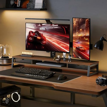 Fenge Dual Monitor Stand Riser, 42.5in Desk Shelf with 2 Drawers, Brown - color: Brown