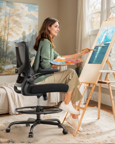Marsail Drafting Chair, Tall Office Chair with 2D Lumbar Support, Standing Desk Chair,High Office Chair with Padded Flip-Up Armrests & Adjustable Footrest Ring, Dark | 2D lumbar support, padded flip-up armrests, 30.7 inch max seat height, breathable mesh